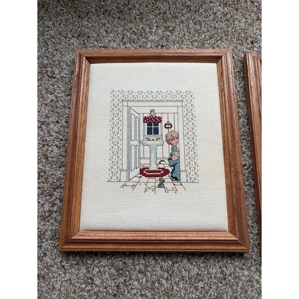Vintage Completed Cross Stitch Girl & Boy Bathroom Scenes potty pair scene